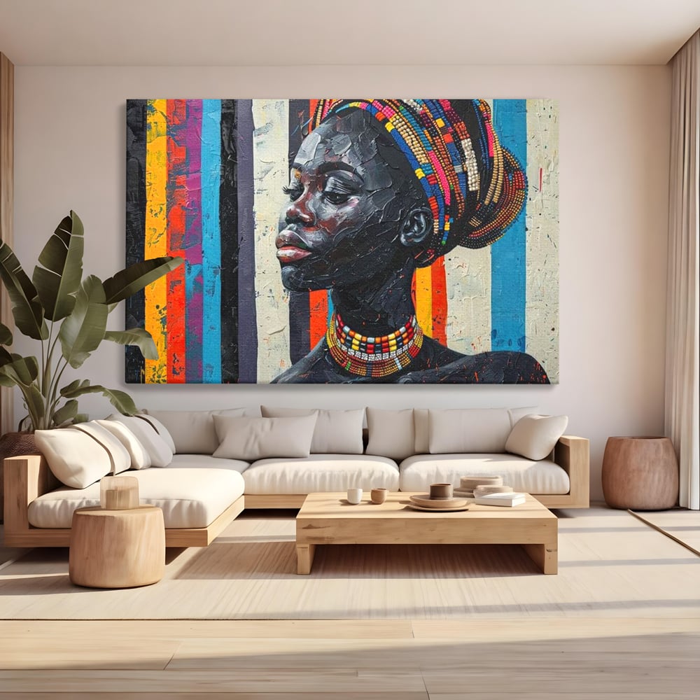 Tablou canvas cu tablou canvas cu profil de femeie, fara rama, pe sasiu de lemn, pe perete intr-un living